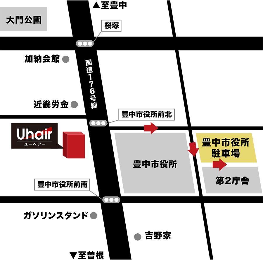 市役所の駐車場への地図